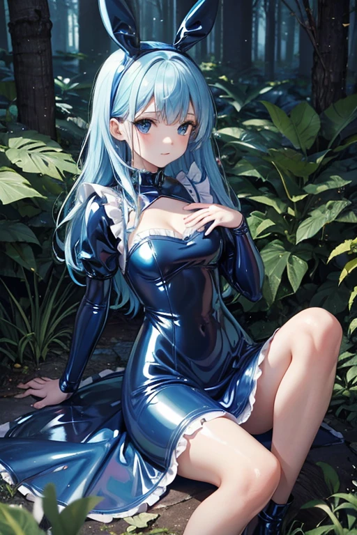 Perfect Anatomy　Highest quality,Highest Resolution,(((Blue Latex Dress)))　Alice in Wonderland　15 years old　A Cup　forest