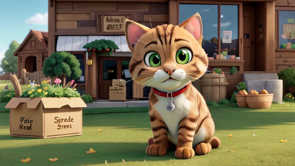 Create a photorealistic image of a brown tabby cat resting his chin on his paws on a green lawn. He has a fake cardboard storefront attached to his nose, with his open mouth serving as the entrance to the fake store. There is a sign pointing to his mouth, written in crude lettering on cardboard, with the words 'Free burd seed'