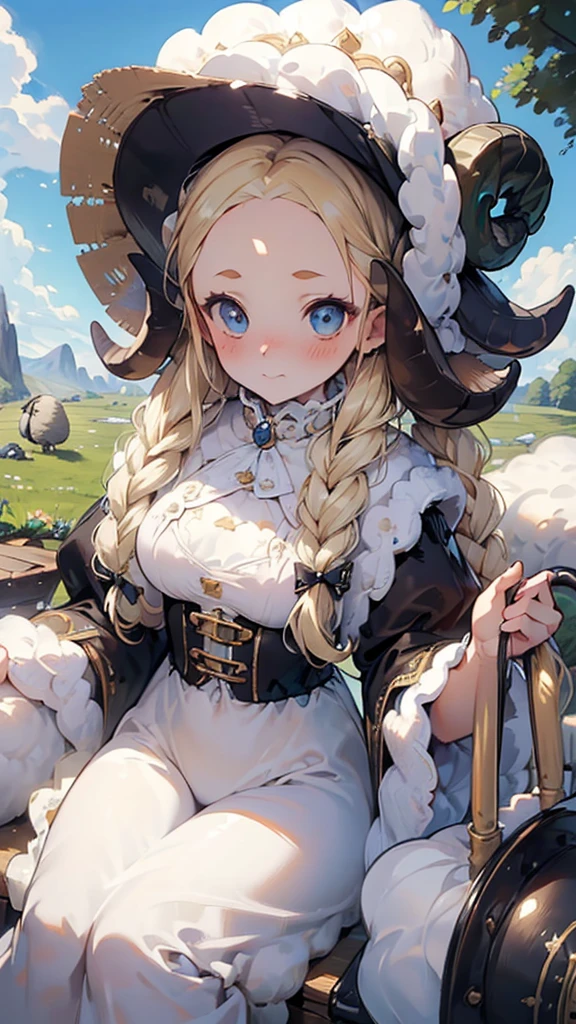 Best quality, Ultra detailed, best quality, insanely detailed, beautiful, masterpiece, 8k, 
break  
Picnic, noon sunshine,
break 
1lady, (lady sheep-kin:1.5) , sheep horn, blonde hair, long hair, single braid ,(forehead:1.5), blue eyes, sheep costume, black whip, white hat, sheep fur hat,
Break
upper body, tareme,  serious, (stare at viewer:1.5),  (embarrassed,blush:1.3),(ecstasy:1.3) ,(slut:1.2),(vulgarity:1.3),