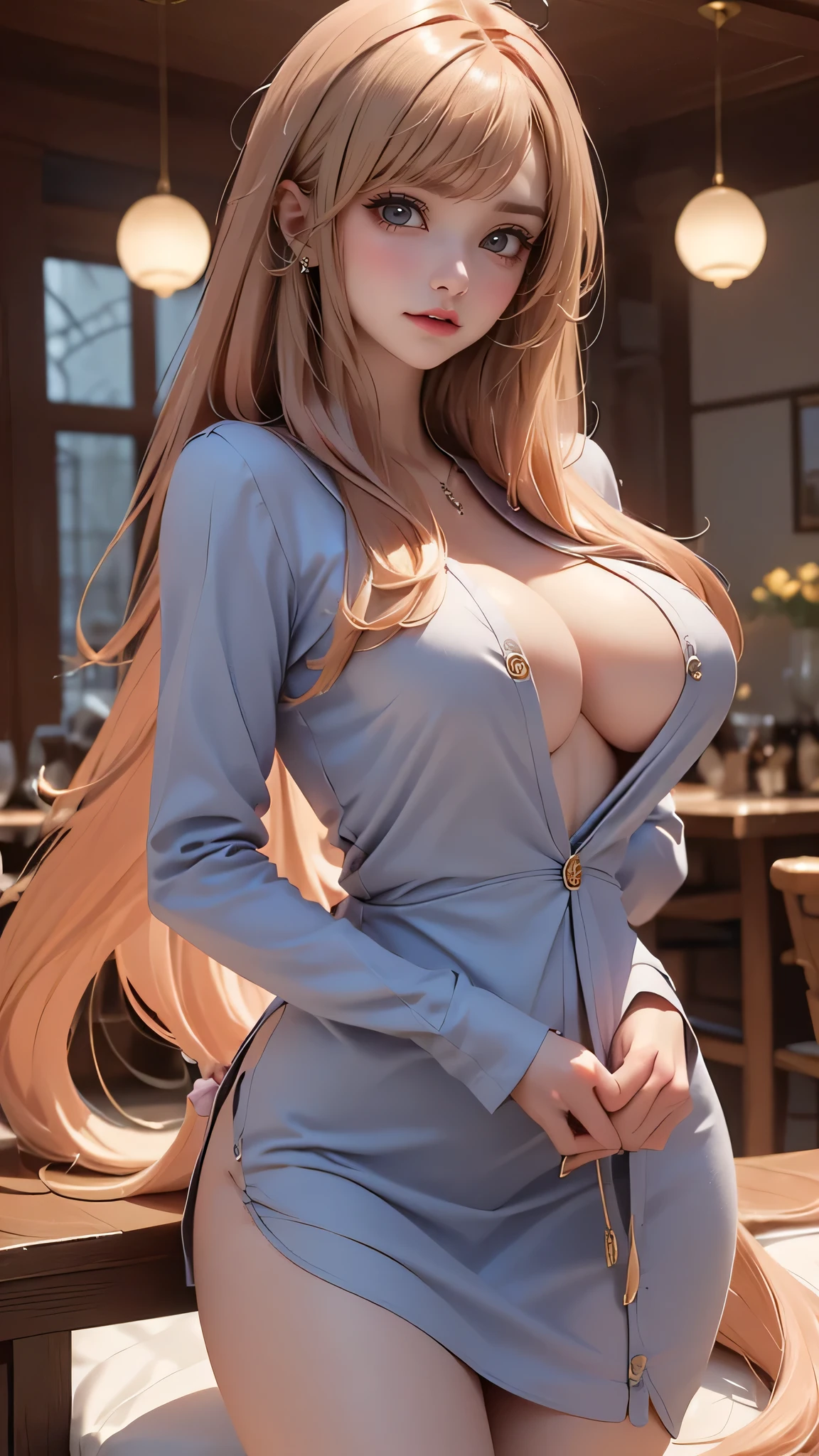 (Close-up),fantasy,(fighting image:1.2),((1girl:1.5),curvy,,beautiful breasts,large breasts,pale skin,(pointy breasts),(erect nipples)),((realistic),8k,ultra hd,high resolution,best quality,masterpiece,(Sense of presence:1.5),(Dynamic:1.5),(bold:1.5)),((long hair),((thin hair:1.8)),(straight hair:1.5),(Swept bangs:1.5),(extra light coppery amber hair),(hair over one eye)),(clothed:1.5)