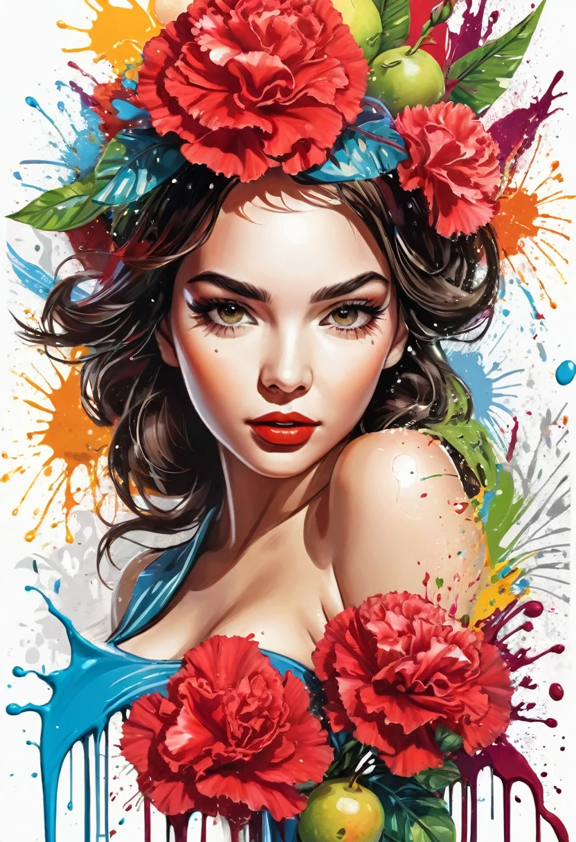 work of art, splash art, downtown, close-ups, with red carnation flower, rico e colorido splash art, to tear down, tropical fruits, magical, Stylized abstract portrait of a beautiful girl,Street graffiti, White background