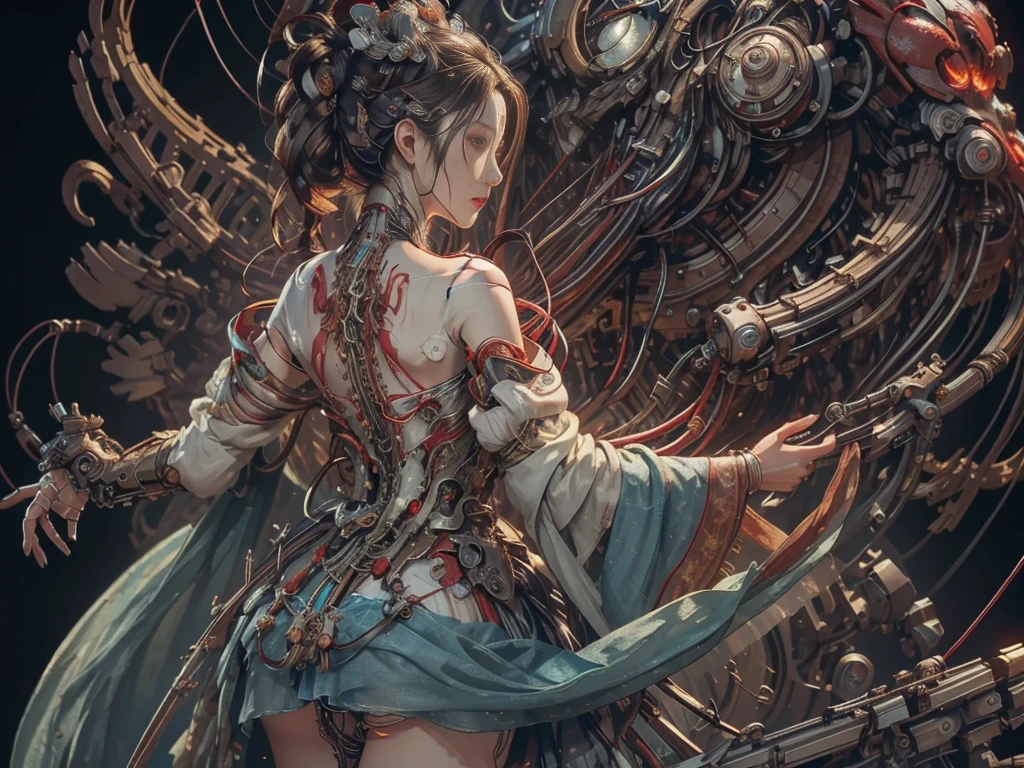(Masterpiece, Top quality, Best quality, official art, Beautiful and aesthetic:1.2), extreme detailed details, (extreme detailed eyes:1.2), (extreme detailed face:1.2),  Colorful, highest details ((Ultra-detailed)), (Highly detailed CG illustration), ((An extremely delicate and beautiful)),(From the side Side),Cinematic light, ((1 mechanical girl)), Solo, full body, (machine made joints:1.2), ((Mechanical limb)), (blood vessels attached to the tube), (Mechanical vertebrae attached to the back), ((mechanical chervil attaching to neck)), Expressionless, (wires and cables attaching to neck:1.2), (wires and cables on head:1.2), Science fiction, (Blood:1.2), dunhuang, big