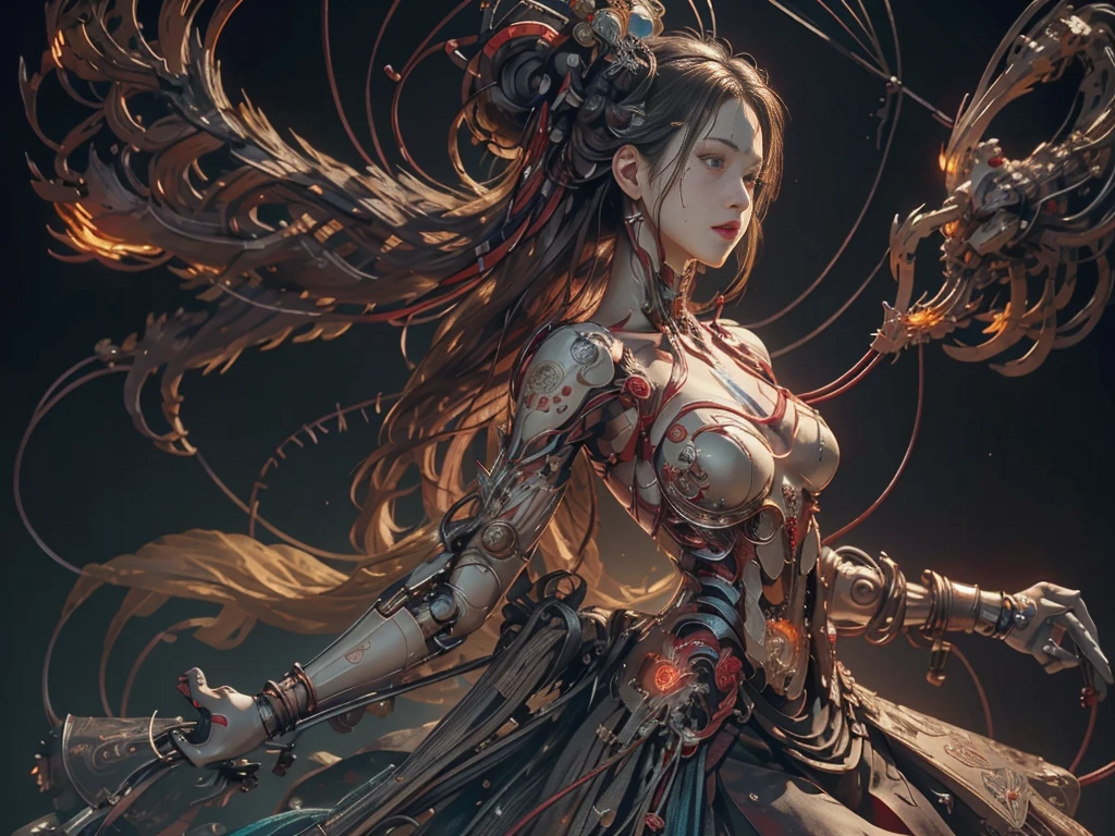 (Masterpiece, Top quality, Best quality, official art, Beautiful and aesthetic:1.2), extreme detailed details, (extreme detailed eyes:1.2), (extreme detailed face:1.2), Colorful, highest details ((Ultra-detailed)), (Highly detailed CG illustration), ((An extremely delicate and beautiful)),(From the side Side),Cinematic light, ((1 mechanical girl)), Solo, full body, (machine made joints:1.2), ((Mechanical limb)), (blood vessels attached to the tube), (Mechanical vertebrae attached to the back), ((mechanical chervil attaching to neck)), Expressionless, (wires and cables attaching to neck:1.2), (wires and cables on head:1.2), Science fiction, (Blood:1.2), dunhuang, big