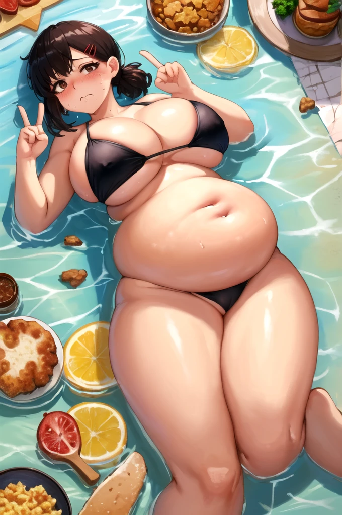 masterpiece, best quality, ultra-detailed, illustration, epic lighting, cinematic composition, isometric, 1girl, , brown eyes, black hair, swept bangs, single sidelock, red hairclip, black panties, bikini, formal, bedroom, lies on the bed, view from above, cowboy shot, looking at viewer, upset, fattening, around her more food, crumbs around her, crumbs on her belly, water drops on her body, eat more food, satisfied, full-face blush, huge breasts, huge thighs, (venusbody:1.3)(peace signs), (8k:1.1), big belly, fat belly, massive belly, fat body, big fat thighs, fat hips, fat butt, (big belly:0.4), ahegao