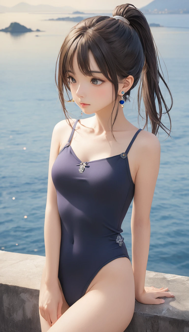 (masterpiece, Highest quality:1.2), One girl, alone,bony body、15 years old、ponytail、Earrings