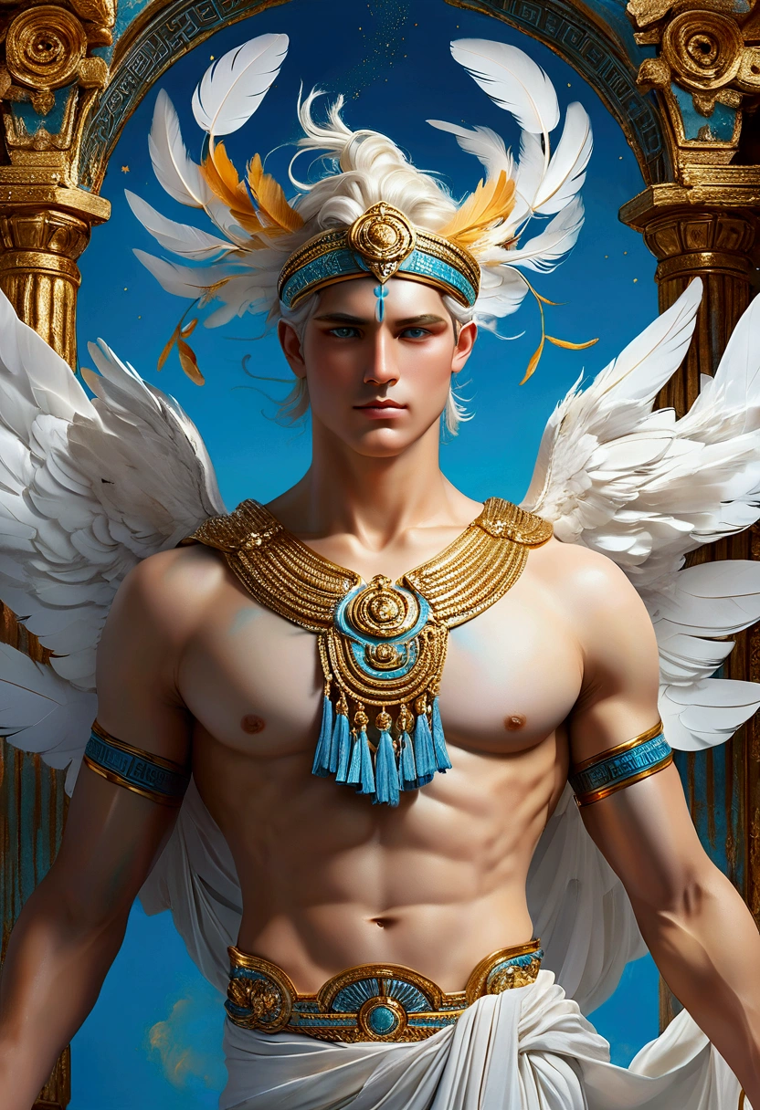 Create a detailed and expressive painting of an air deity, embodying the essence of the element and adorned with celestial colors such as light blues, silvers, and subtle gold accents. He should be centred in the picture, with a serene expression of great wisdom on her face. Her shoulders should be visible, while the rest of her body is outside the frame. The deity should be depicted as a masculine figure, resembling the classical Greek gods like Hermes, with platinum blond hair, grey eyes, and a slightly muscular physique, exuding an aura of divine beauty. The deity's attire should feature ornamental elements adorned with feathers, symbolizing the airy and ethereal nature. These feathers can be intricately woven into his clothing or as accessories. Set the deity in the foreground against a backdrop that blends shades of light blue, silver, and hints of subtle gold, evoking a celestial atmosphere. Use shading and textures to enhance the ethereal quality of the background, creating a sense of weightlessness and fluidity associated with the air element. Employ lighting to highlight the deity's facial features and the ornate details of his attire, ensuring a striking contrast with the celestial-toned background. The artistic style should emphasize intricate details reminiscent of ancient Greek artistry, conveying a sense of divine grace and connection to the air element.
