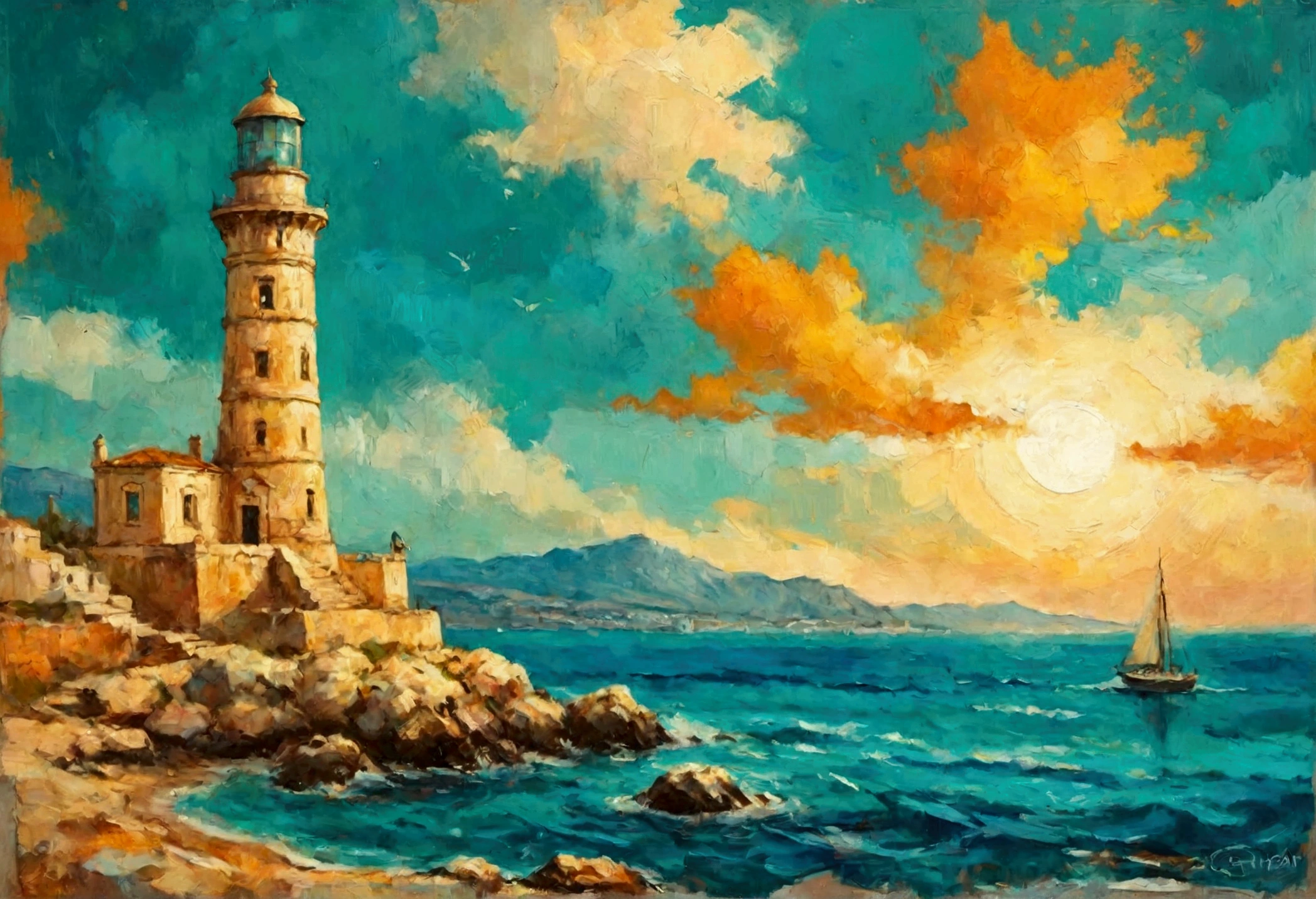 a thick textured oil painting, impasto brushstrokes, dry brushing,revealing underlayers, breathtaking composition, Create an art deco inspired illustration of A scenic lighthouse Chania Lighthouse (Greece), overlooking the turquoise waters of sunset. Include vibrant pastel colors, sleek lines, and a retro summer atmosphere. The style should be reminiscent of vintage travel posters with a modern twist,  breathtaking composition, wall art decor, Chania Lighthouse (Greece), Chania Lighthouse (Greece)