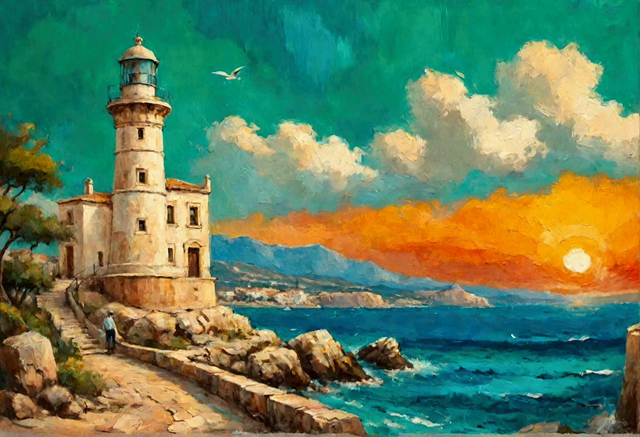 a thick textured oil painting, impasto brushstrokes, dry brushing,revealing underlayers, breathtaking composition, Create an art deco inspired illustration of A scenic lighthouse Chania Lighthouse (Greece), overlooking the turquoise waters of sunset. Include vibrant pastel colors, sleek lines, and a retro summer atmosphere. The style should be reminiscent of vintage travel posters with a modern twist,  breathtaking composition, wall art decor, Chania Lighthouse (Greece), Chania Lighthouse (Greece)