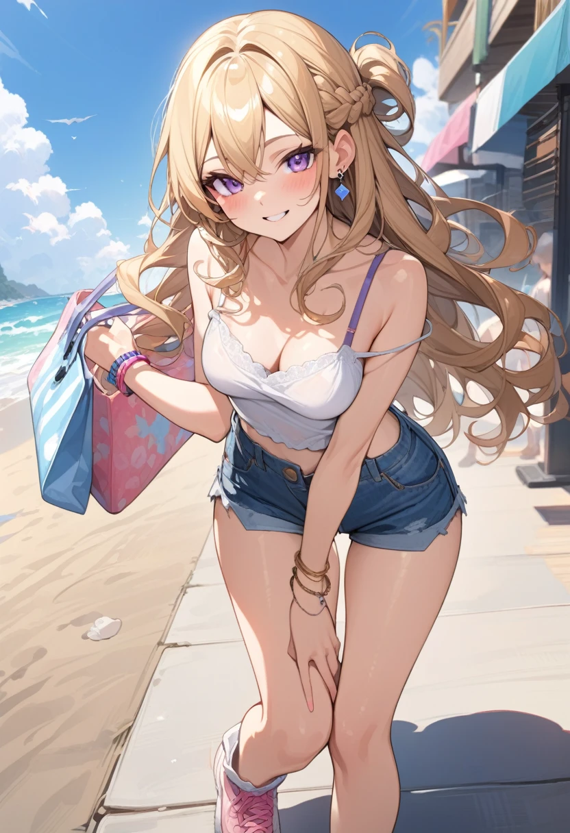 masterpiece, best quality, extremely detailed, ultra detailed, flat anime, 2D,
1girl, (young adult:1.2),blonde hair, (semi-long hair:1.2), curly hair, french braid,medium breasts, tsurime, purple eyes,earring,bracelet,height 1.7meters, 
smile, pink sneaker, denim shorts, camisole, beach bag,
{{happy}}, (dynamic:1.7), (full body:1.7), outdoors, summer