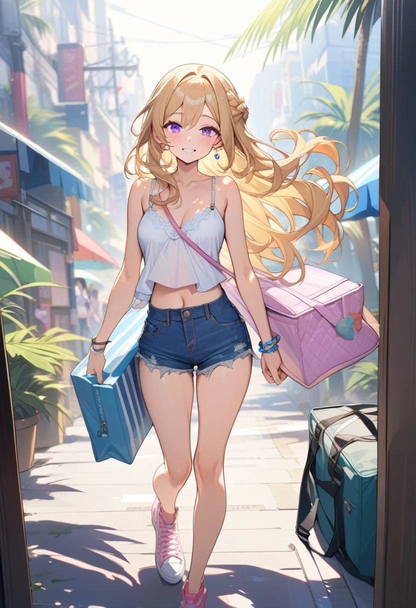 masterpiece, best quality, extremely detailed, ultra detailed, flat anime, 2D,
1girl, (young adult:1.2),blonde hair, (semi-long hair:1.2), curly hair, french braid,medium breasts, tsurime, purple eyes,earring,bracelet,height 1.7meters, 
smile, pink sneaker, denim shorts, camisole, beach bag,
{{happy}}, (dynamic:1.7), (full body:1.7), outdoors, summer