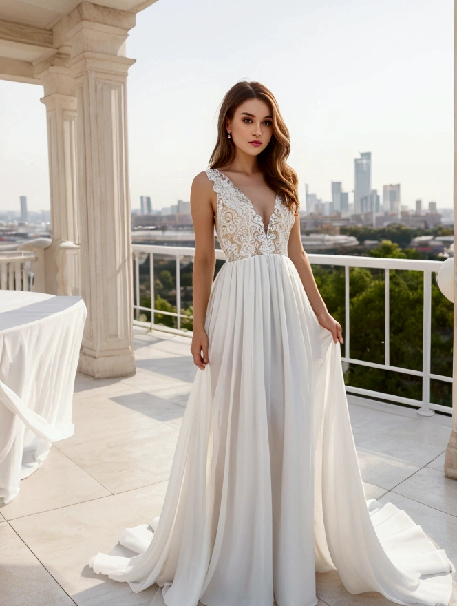 brown haired woman in white dress standing on a patio with a city in the background, in a long white dress, wearing a white flowing dress, wearing stunning ivory dress, dressed in white, wearing an elegant dress, white dress, wearing a cute white dress, wearing a white dress