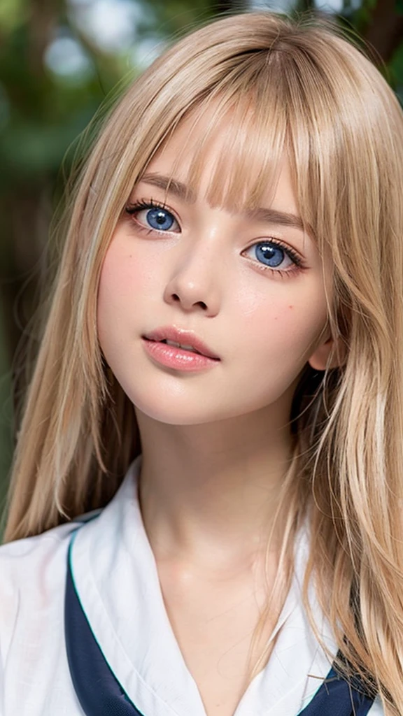 Solo, bangs over eyes、Blonde hair above one eye、Bangs between the eyes、18-year-old blonde Scandinavian beauty、Authentic photo quality、Extraordinary sexy beauty、White, shiny, smooth, radiant skin、Beautiful Bangs、Smooth, shiny, super long, natural platinum blonde straight silky hair、Very perfect cute beautiful sexy young tiny woman、Very perfect beautiful and cute face、Beautiful, clear, large light blue eyes、Large Breasts、、Japanese Sailor Suit、Round face、Small Face Beauty、Cheek gloss highlighter