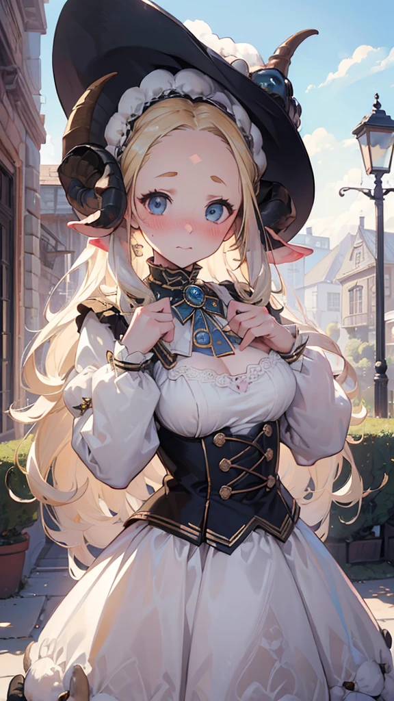 Best quality, Ultra detailed, best quality, insanely detailed, beautiful, masterpiece, 8k, 
break  
Picnic, noon sunshine,
break 
1lady, (lady sheep-kin:1.5) , sheep horn, blonde hair, long hair, single braid ,(forehead:1.5), blue eyes, sheep costume, black whip, white hat, sheep fur hat,
Break
upper body, tareme,  serious, (stare at viewer:1.5),  (embarrassed,blush:1.3),(ecstasy:1.3) ,(slut:1.2),(vulgarity:1.3),