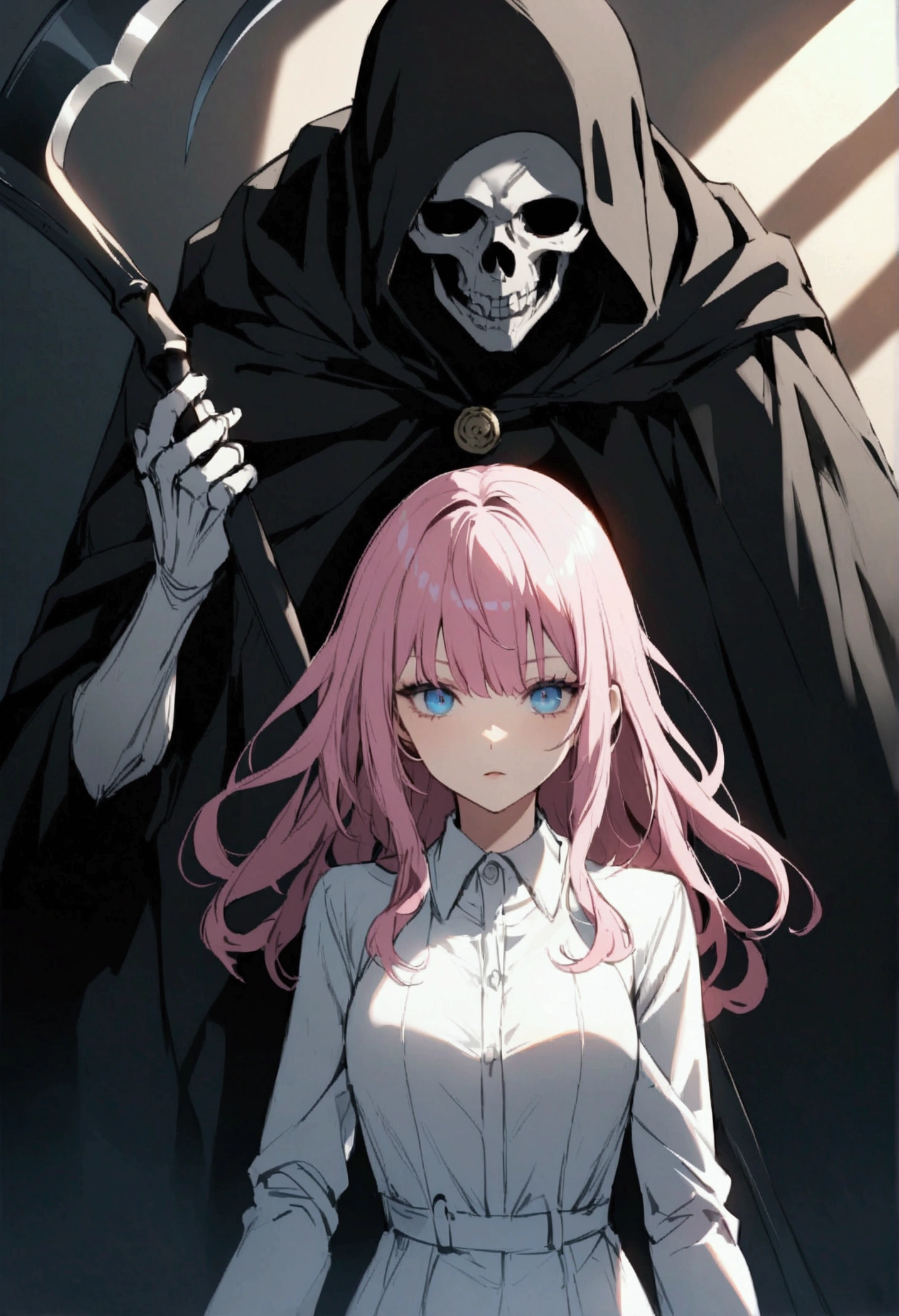Grim Reaper with a Scythe、Pink haired woman、blue eyes