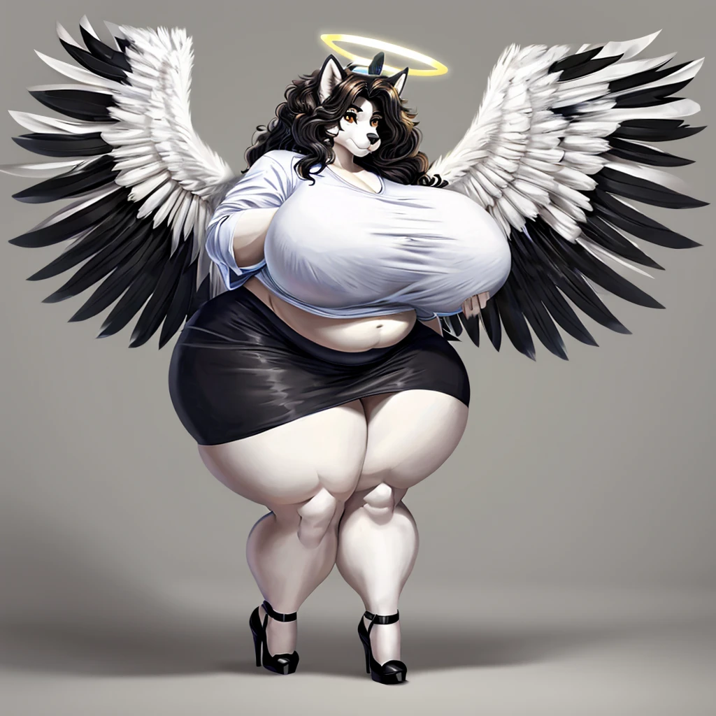 Husky, female, huge breasts, huge hips, huge thighs, plump, voluptuous, gorgeous, beautiful, eyelashes, fat arms, fat legs, overweight, fluffy long messy hair,amber eyes,pubes, black and white fur,white stripes, halo,wings, oversized shirt,skirt,high-heels, gigantic breasts, gigantic thighs,shirt,