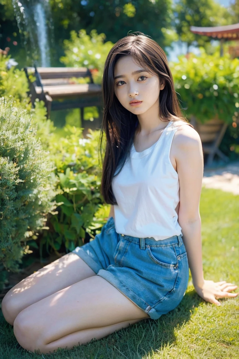 (Highest quality、High resolution、8k、masterpiece:1.55、Film Grain)、((Full body photography:1.0))、Japanese women、A woman with a cute upward gaze、Tank top with loose chest、Full body photography:1.33、Stylish clothes that show off your body lines and look great on Instagram、No underwear:1.88、Light brown hair、cute、Lens flare、((Nice style))、Highly detailed photos、Very beautiful and ideal、Super no makeup、(8k、RAW Photos、Highest quality、masterpiece:1.2)、(Realistic)、1 girl、((Looking into the camera:1.4))、Hair blowing in the wind