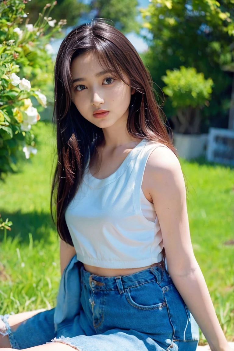 (Highest quality、High resolution、8k、masterpiece:1.55、Film Grain)、((Full body photography:1.0))、Japanese women、A woman with a cute upward gaze、Tank top with loose chest、Full body photography:1.33、Stylish clothes that show off your body lines and look great on Instagram、No underwear:1.88、Light brown hair、cute、Lens flare、((Nice style))、Highly detailed photos、Very beautiful and ideal、Super no makeup、(8k、RAW Photos、Highest quality、masterpiece:1.2)、(Realistic)、1 girl、((Looking into the camera:1.4))、Hair blowing in the wind