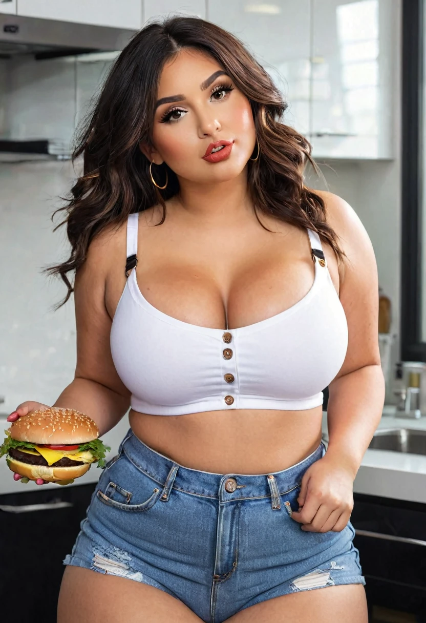a woman in jeans and a white top posing for a picture, her belly button is exposed, belly button showing, wearing crop top, she has a jiggly fat round belly, girl fat, obese body, bigger belly, bigger ass, bigger breast, large thighs, wide hips, wearing a sexy cropped top,, violet myers, thicc, sie boob, wearing bra, sexy girl, laboratory, sittings, eating hamburgers, hamburguers, sexy, stockings, sittings, eating hamburgers, hamburguers, (Masterpiece:1.2), best quality, high resolution, beautifully detailed, extremely detailed, perfect lighting,