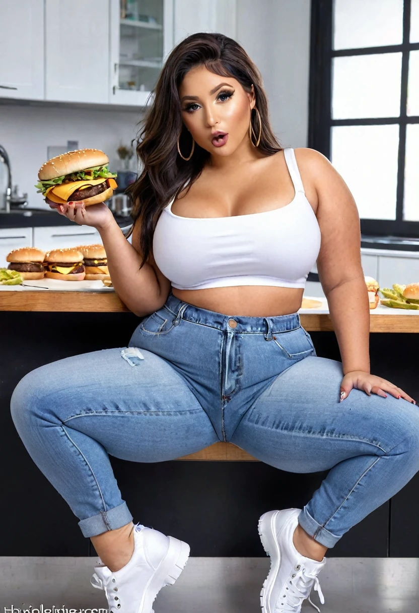 a woman in jeans and a white top posing for a picture, her belly button is exposed, belly button showing, wearing crop top, she has a jiggly fat round belly, girl fat, obese body, bigger belly, bigger ass, bigger breast, large thighs, wide hips, wearing a sexy cropped top,, violet myers, thicc, sie boob, wearing bra, sexy girl, laboratory, sittings, eating hamburgers, hamburguers, sexy, stockings, sittings, eating hamburgers, hamburguers, (Masterpiece:1.2), best quality, high resolution, beautifully detailed, extremely detailed, perfect lighting,
