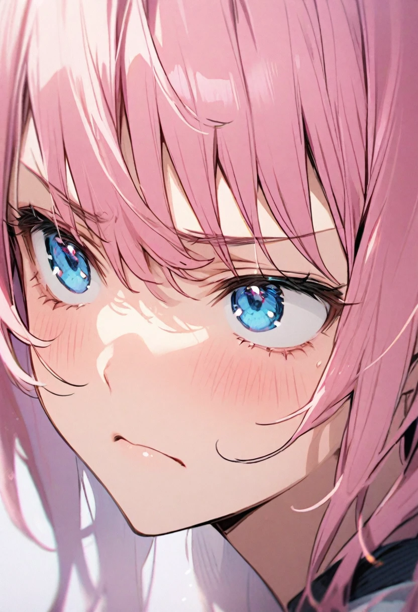 Close-up of face、Frowning、Pink haired woman、blue eyes