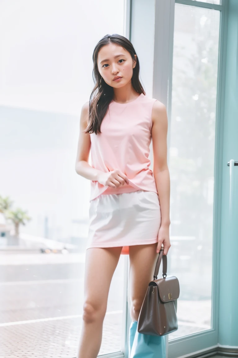 (Highest quality、High resolution、8k、masterpiece:1.55、Film Grain)、((Full body photography:1.0))、Japanese women、A woman with a cute upward gaze、Tank top with loose chest、Full body photography:1.33、Stylish clothes that show off your body lines and look great on Instagram、No underwear:1.88、Light brown hair、cute、Lens flare、((Nice style))、Highly detailed photos、Very beautiful and ideal、Super no makeup、(8k、RAW Photos、Highest quality、masterpiece:1.2)、(Realistic)、1 girl、((Looking into the camera:1.4))、Hair blowing in the wind
