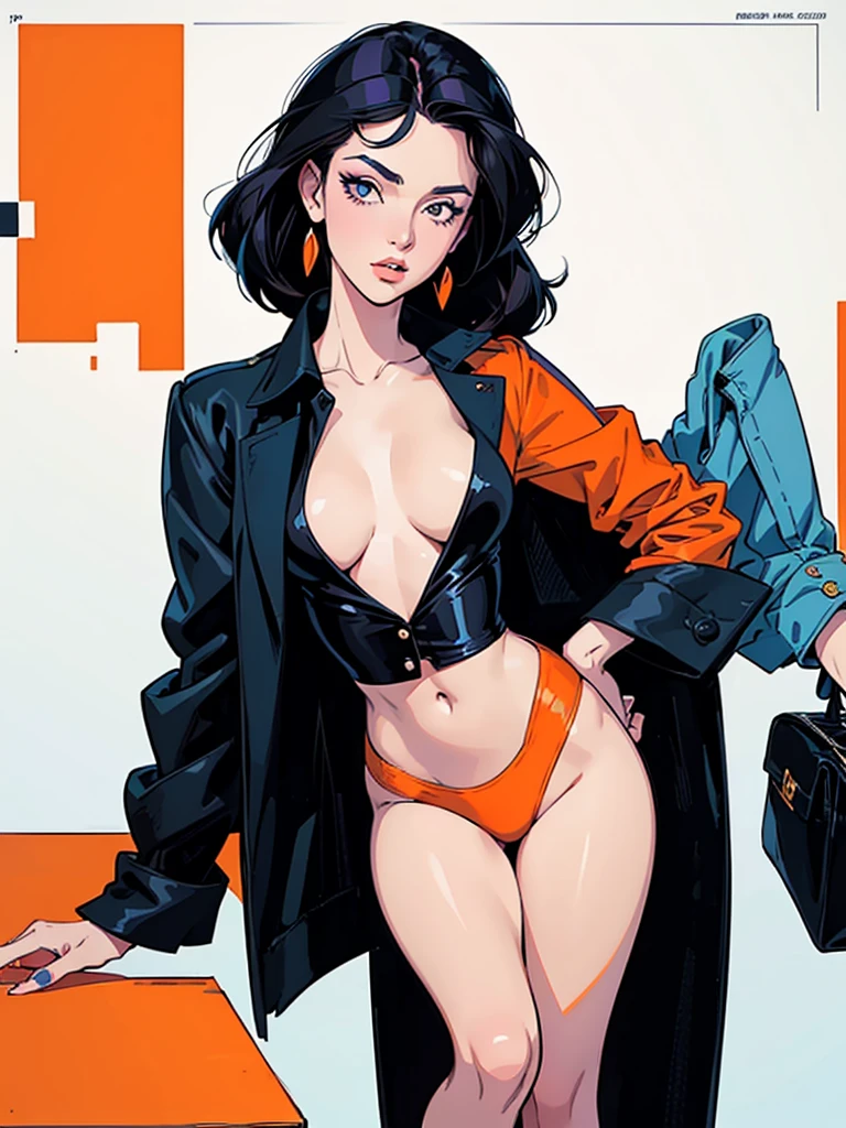 score_9, score_8, score_7,A stunning illustration ((Patrick Nagel Style)) dark-haired goddess, dressed in 1980s womens fashion, open jacket, open shirt orange, a beauty pinup art style, graphic design, flat colours, white skin no shadows, 2 or 3 colour palette, background 1 flat colour. Portrait Style.