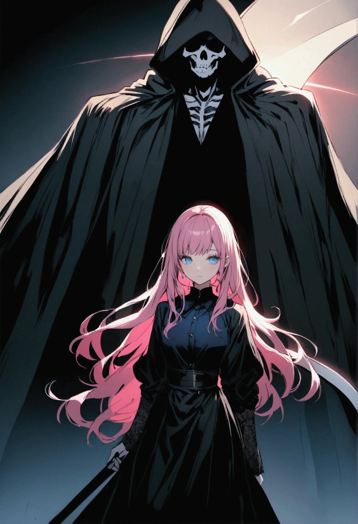 Grim Reaper with a Scythe、Pink haired woman、blue eyes