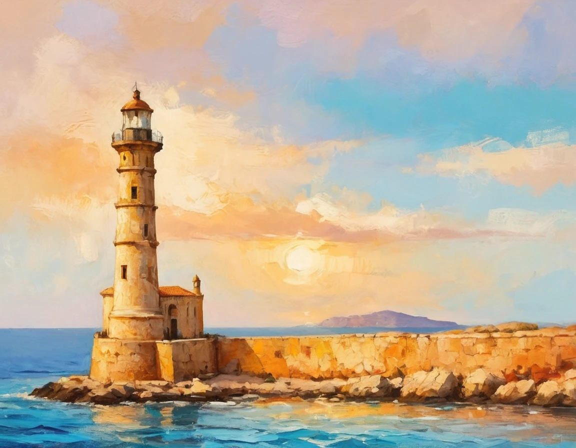 a thick textured oil painting, impasto brushstrokes, dry brushing,revealing underlayers, breathtaking composition, Create an art deco inspired illustration of A scenic lighthouse Chania Lighthouse (Greece), overlooking the turquoise waters of sunset. Include vibrant pastel colors, sleek lines, and a retro summer atmosphere. The style should be reminiscent of vintage travel posters with a modern twist,  breathtaking composition, wall art decor, Chania Lighthouse (Greece), Chania Lighthouse (Greece)