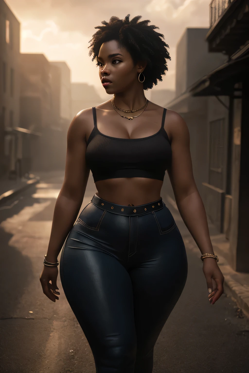 a beautiful african american woman, large curvy hips, small waist, walking away from camera, hyper realistic, 8k, photorealistic, detailed body, detailed skin, detailed clothing, high quality, masterpiece, cinematic lighting, atmospheric, dramatic lighting, moody colors, warm tones