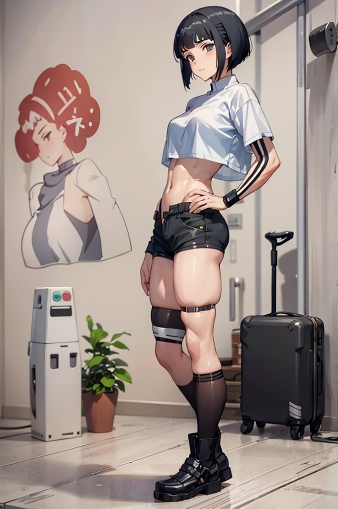 1female,Suguha Kirigaya,black short hair,croptop,short pants,thighhigh socks,