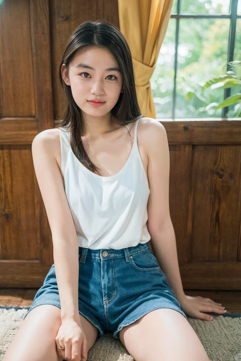 (Highest quality、High resolution、8k、masterpiece:1.55、Film Grain)、((Full body photography:1.0))、Japanese women、A woman with a cute upward gaze、Tank top with loose chest、Full body photography:1.33、Stylish clothes that show off your body lines and look great on Instagram、No underwear:1.88、Light brown hair、cute、Lens flare、((Nice style))、Highly detailed photos、Very beautiful and ideal、Super no makeup、(8k、RAW Photos、Highest quality、masterpiece:1.2)、(Realistic)、1 girl、((Looking into the camera:1.4))、Hair blowing in the wind