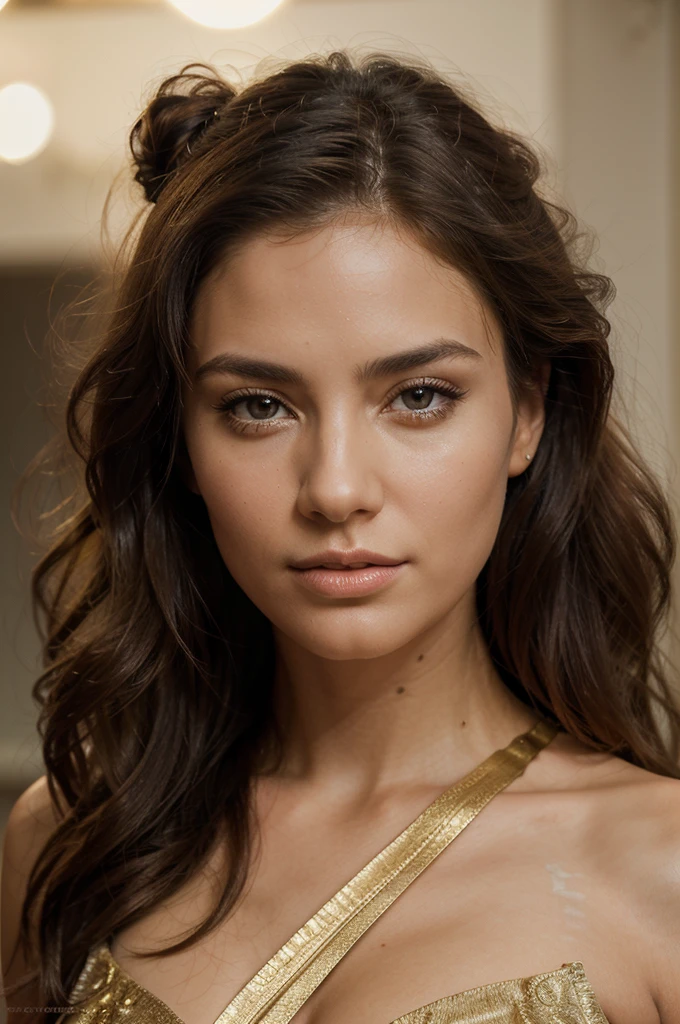 portrait of an elegant fashionista with a stunning face and athletic physique, photogenic full-length pose, wavy hair arranged in a complex bun, dressed in gold dress, focal length 85 mm, aperture f/1.4, ISO 50, blurred background, focus on the eyes, shutter speed 1\200, surrounded by warm, golden-toned lighting, detailed facial features, penetrating gaze, delicate skin, in a realistic setting, combining the artistic styles of Jose Royo, Boris Vallejo, Julie Bell, Carne Griffiths, Brian Froude, glass paints, subtle details, photorealism, award-winning dynamic, organic, diverse lighting, double exposure, fabulous, exquisite, detailed face, irresistible, majestic, attention-grabbing, magnificent, very stylish, beautiful, delightful, mesmerizing, very attractive, perfect face, juicy, radiant image, radiance, masterpiece, fashion editorial in nature, neckline showcased, elegant and luxurious clean lines of the attire, studio photography with sharp focus, employing the rule of thirds and symmetrical balance for composition, depth layering with the use of a polarizing filter to enhance the sense of depth, shot using XF