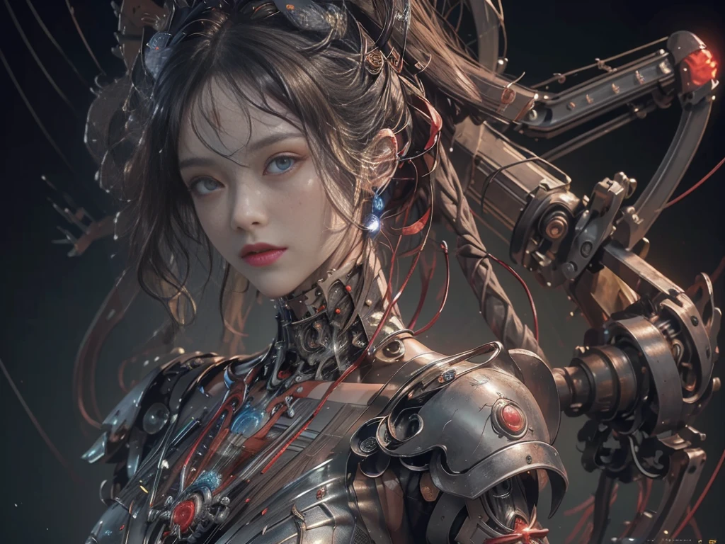 (Masterpiece, Top quality, Best quality, official art, Beautiful and aesthetic:1.2), extreme detailed details, (extreme detailed eyes:1.2), (extreme detailed face:1.2),  Colorful, highest details ((Ultra-detailed)), (Highly detailed CG illustration), ((An extremely delicate and beautiful)),(From the side Side),Cinematic light, ((1 mechanical girl)), Solo, full body, (machine made joints:1.2), ((Mechanical limb)), (blood vessels attached to the tube), (Mechanical vertebrae attached to the back), ((mechanical chervil attaching to neck)), Expressionless, (wires and cables attaching to neck:1.2), (wires and cables on head:1.2), Science fiction, (Blood:1.2), dunhuang, big