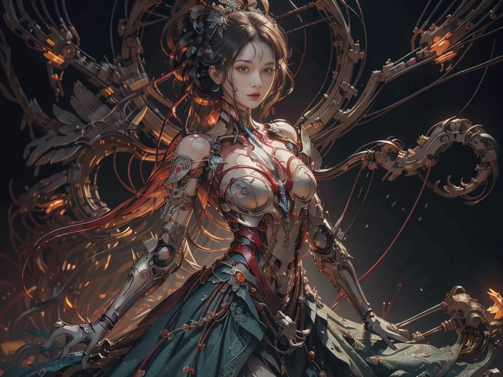 (Masterpiece, Top quality, Best quality, official art, Beautiful and aesthetic:1.2), extreme detailed details, (extreme detailed eyes:1.2), (extreme detailed face:1.2), Colorful, highest details ((Ultra-detailed)), (Highly detailed CG illustration), ((An extremely delicate and beautiful)),(From the side Side),Cinematic light, ((1 mechanical girl)), Solo, full body, (machine made joints:1.2), ((Mechanical limb)), (blood vessels attached to the tube), (Mechanical vertebrae attached to the back), ((mechanical chervil attaching to neck)), Expressionless, (wires and cables attaching to neck:1.2), (wires and cables on head:1.2), Science fiction, (Blood:1.2), dunhuang, big