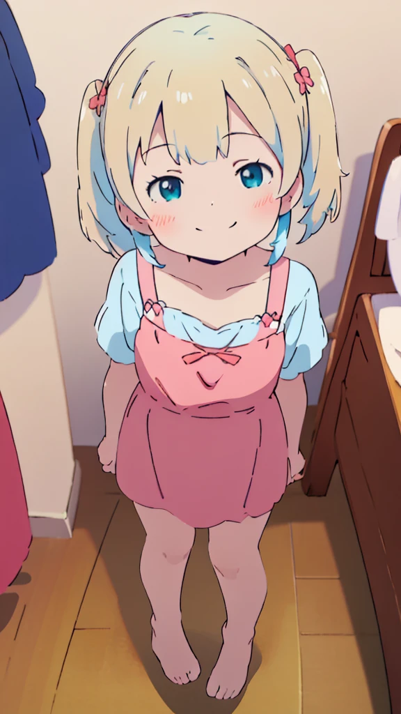 ((masterpiece))((Highest quality))girl、smile、blush、Flat Chest、Are thin、Blonde Hair、blush、Are standing、Whole body image、Eye level to the feet、front、No background、真frontのアングル、Blue clothes、Two-tone white and blue hair、Twin tails、Red Alice outfit