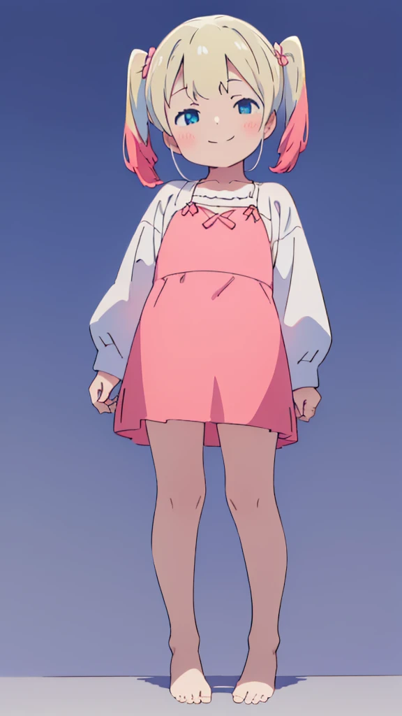 ((masterpiece))((Highest quality))girl、smile、blush、Flat Chest、Are thin、Blonde Hair、blush、Are standing、Whole body image、Eye level to the feet、front、No background、真frontのアングル、Blue clothes、Two-tone white and blue hair、Twin tails、Red Alice outfit
