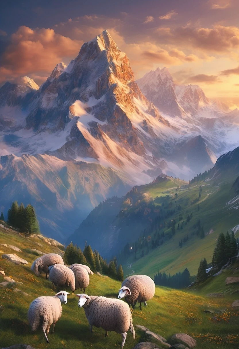 Beautiful alps mountains々、Flock of Sheep、Highly detailed digital art in 4K, Amazing artwork in 8K, 4K Detailed Digital Art, Beautiful Art UHD 4K, Epic dreamy fantasy landscape, Impressive and fantastic landscape, 8K high quality, detailed art, Digital Art 8k, Digital Art 8K, Mysterious and fantastic landscape, Awesome mobile wallpapers