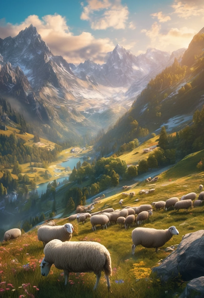Beautiful alps mountains々、Flock of Sheep、Highly detailed digital art in 4K, Amazing artwork in 8K, 4K Detailed Digital Art, Beautiful Art UHD 4K, Epic dreamy fantasy landscape, Impressive and fantastic landscape, 8K high quality, detailed art, Digital Art 8k, Digital Art 8K, Mysterious and fantastic landscape, Awesome mobile wallpapers