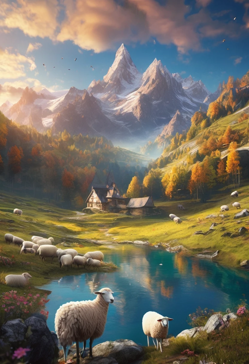 Beautiful alps mountains々、Flock of Sheep、Highly detailed digital art in 4K, Amazing artwork in 8K, 4K Detailed Digital Art, Beautiful Art UHD 4K, Epic dreamy fantasy landscape, Impressive and fantastic landscape, 8K high quality, detailed art, Digital Art 8k, Digital Art 8K, Mysterious and fantastic landscape, Awesome mobile wallpapers