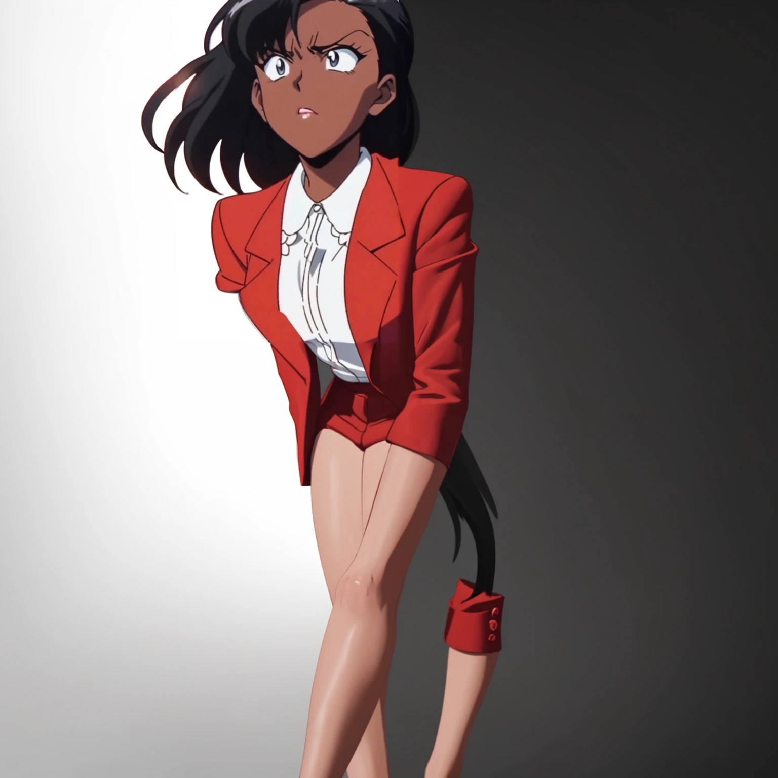 90s anime Evil black skinned business woman in a red suit and red skirt and red heels and long red sleeves
