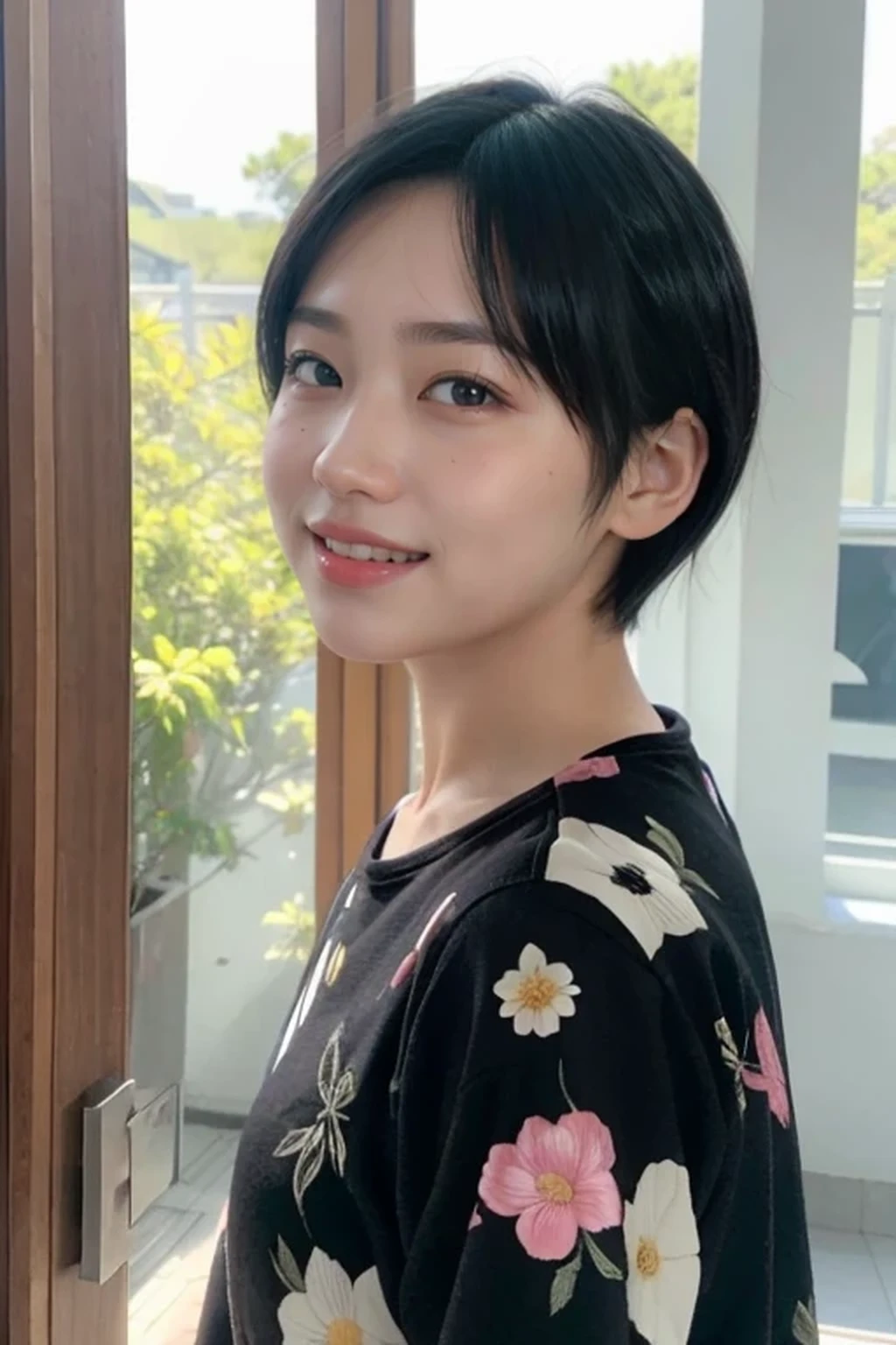 (natural lighting:1.3), 8k, RAW photo, best quality, masterpiece, realistic, photo-realistic, clear, beautiful face, no makeup, best quality, ultra high res, BREAK, Japanese cute girl, 14 years old, (short cut hair:1.2), smile, standing, BREAK, (black eyes, black hair:1.2)