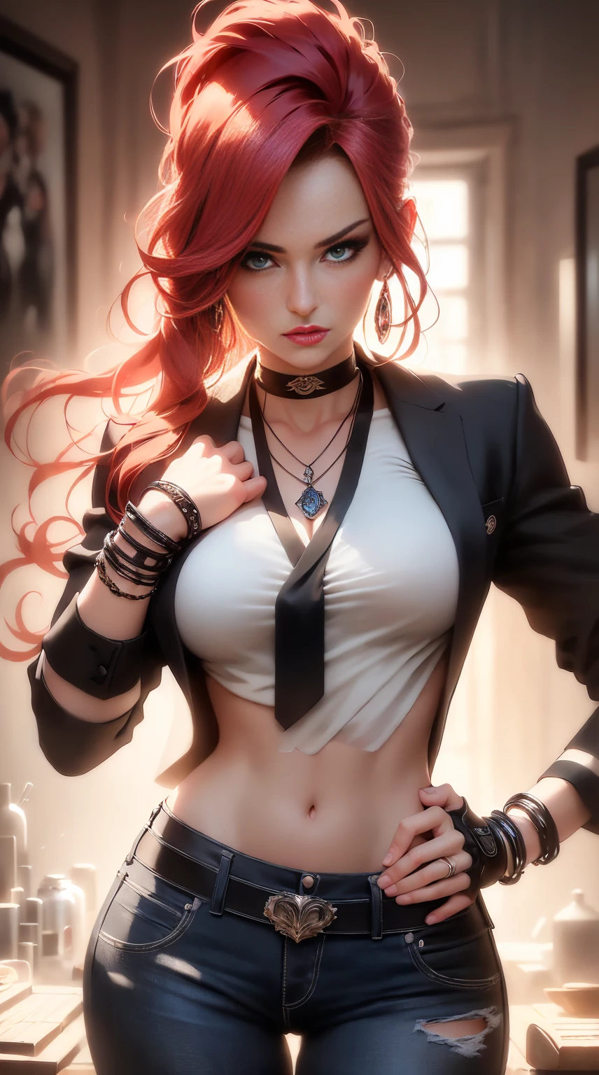 1 beautiful woman, 20 years old, bright red hair, pale white skin (realisic skin details, realisic skin), shining blue eyes (very detailed and vivid eyes), Red lips, make up, necklase, aretes, choker, Accessories, perfectbody , perfectly round butt, Kale, looking ahead at viewer, pose sexy, (perfect hands), (hands with 5 fingers), (work of art), (photorrealistic), (8k), (realistic lighting),