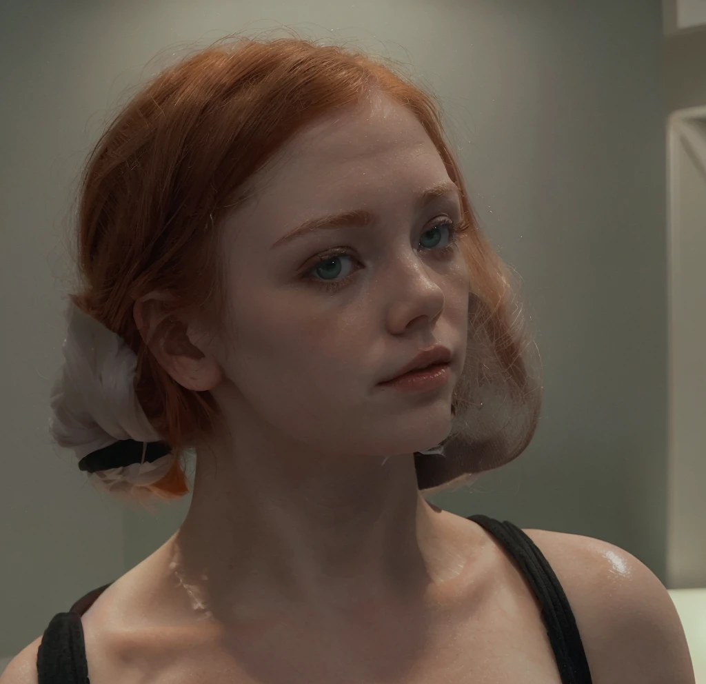 the most beautiful woman ever, this white redhead woman with white skin named Liv, ((( extremely pale bright, bright skin ))), ((( short orange hair arranged in a top bun with bangs ))), lovely, beautiful naked butt, perfect realistic female naked vagina, perfect naked snub tits, white background, ((( very intense bright lighting directly in her entire body, making her skin look paler ))), ((( rose, pinkish skin ))), ((( curvy female body ))), ((( very clean pale skin ))), ((( fully naked ))), ((( glowing light green eyes ))), ((( tiny mouth ))), ((( pointy nipples )))