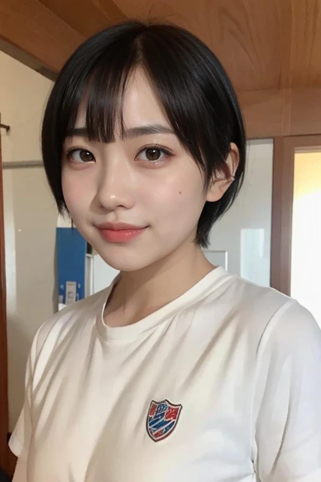 one girl, 14 years old, 8k, RAW photo, best quality, masterpiece, realistic, photo-realistic, clear, professional lighting, BREAK, no makeup face, smile, shirt, solo, gym uniform, ブルマ, buruma, white shirt, BREAK, (short cut hair, small breasts:1.2), (full body, looking back:1.2), (black eyes, black hair:1.2), full body, (classroom:1.2)
