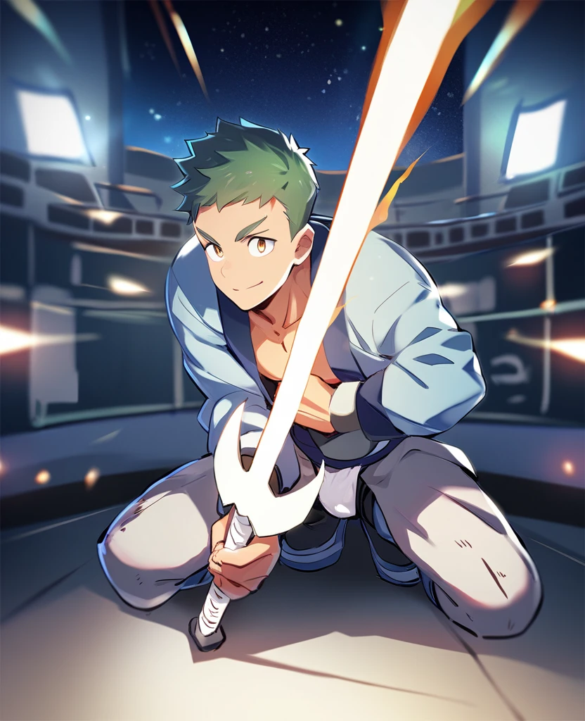 1boy, cyborg devil refresh handsome sporty last BOSS knight man, illustration, lean muscler, man wearning big clock shaped right arm parts and rpg coat and sumo fundoshi and sumo belt, short hair, sumo battle, sitting,crouching, having clock shaped sword, short hair, simple color, space, japan anime style, blue and purple and light green and white,masterpiece, best quality,very aesthetic, absurdres
