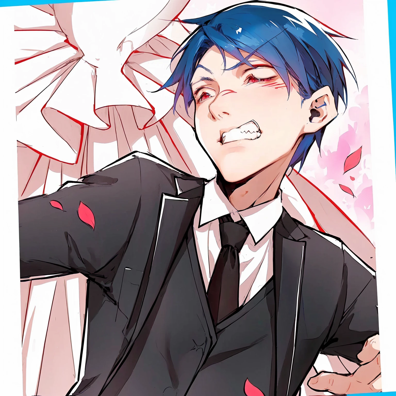 anime character with blue hair and black suit and tie, 2d anime style, gapmoe yandere, Inspired by Munakata Shiko, yandere, yandere. Cao Cao, elegant dream demon, cute japanese demon boy, ikuto yamashita, in anime style, zerochan art, beautiful anime pose, anime moe art style, zerochan, evil face, serious villain