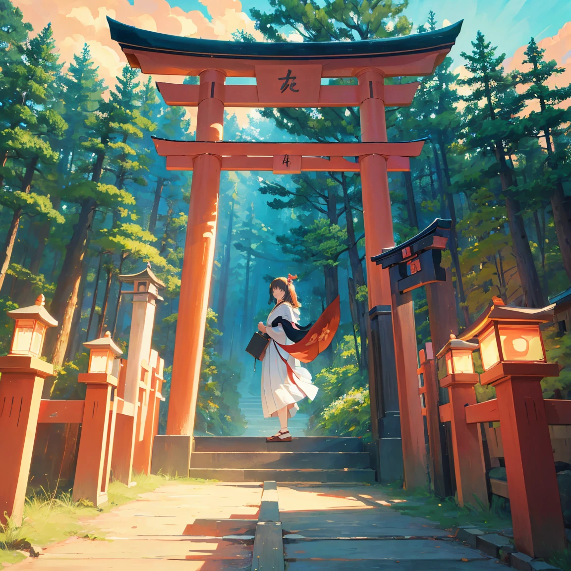 masterpiece, best quality, movie still, 1girl, cloud girl, floating in the sky, close-up, bright, happy, warm soft lighting, sunset, there is a tori tori tori gate in the woods with a chain, torii in a moutain with trees, japanese torii in a moutain, near a japanese shrine, japanese shrine, shinto shrine, inspired by Torii Kiyomoto, inari shrine, centered torii gate, torii gate, placed in a lush forest, torii in the background (sparks:0.7)
