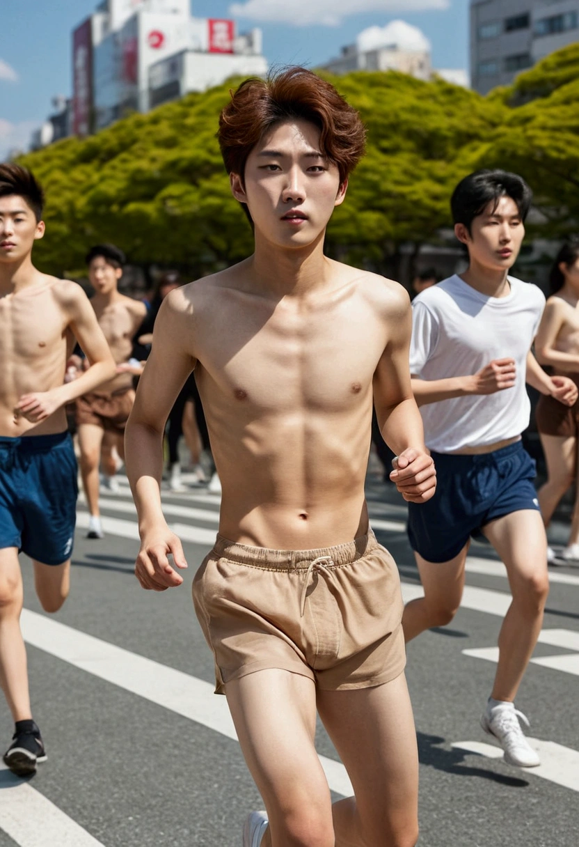Full body shot, 1 Korean young boy ,handsome, , sharp eyes high nose comma hair white skin, slim skinny fat body,shirtless ,nude,wearing transparent brown underwear ,running in Tokyo ,multiple people in city sunshine blue sky white clouds ,