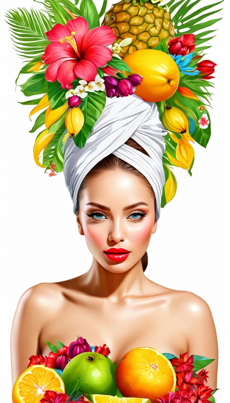 Woman with flowers on head, tropical fruits, and flowers, vector, realistic vivid colors, White background, detailled image, vector feito para estampa de camiseta, 2d, PICTURE REALISTIC