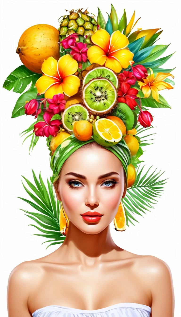 Woman with flowers on head, tropical fruits, and flowers, vector, realistic vivid colors, White background, detailled image, vector feito para estampa de camiseta, 2d, PICTURE REALISTIC

